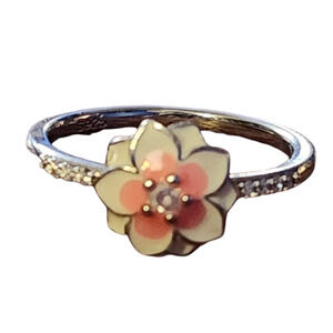 Sterling Silver Enamel Pave Magnolia Flower Ring Size 10.5